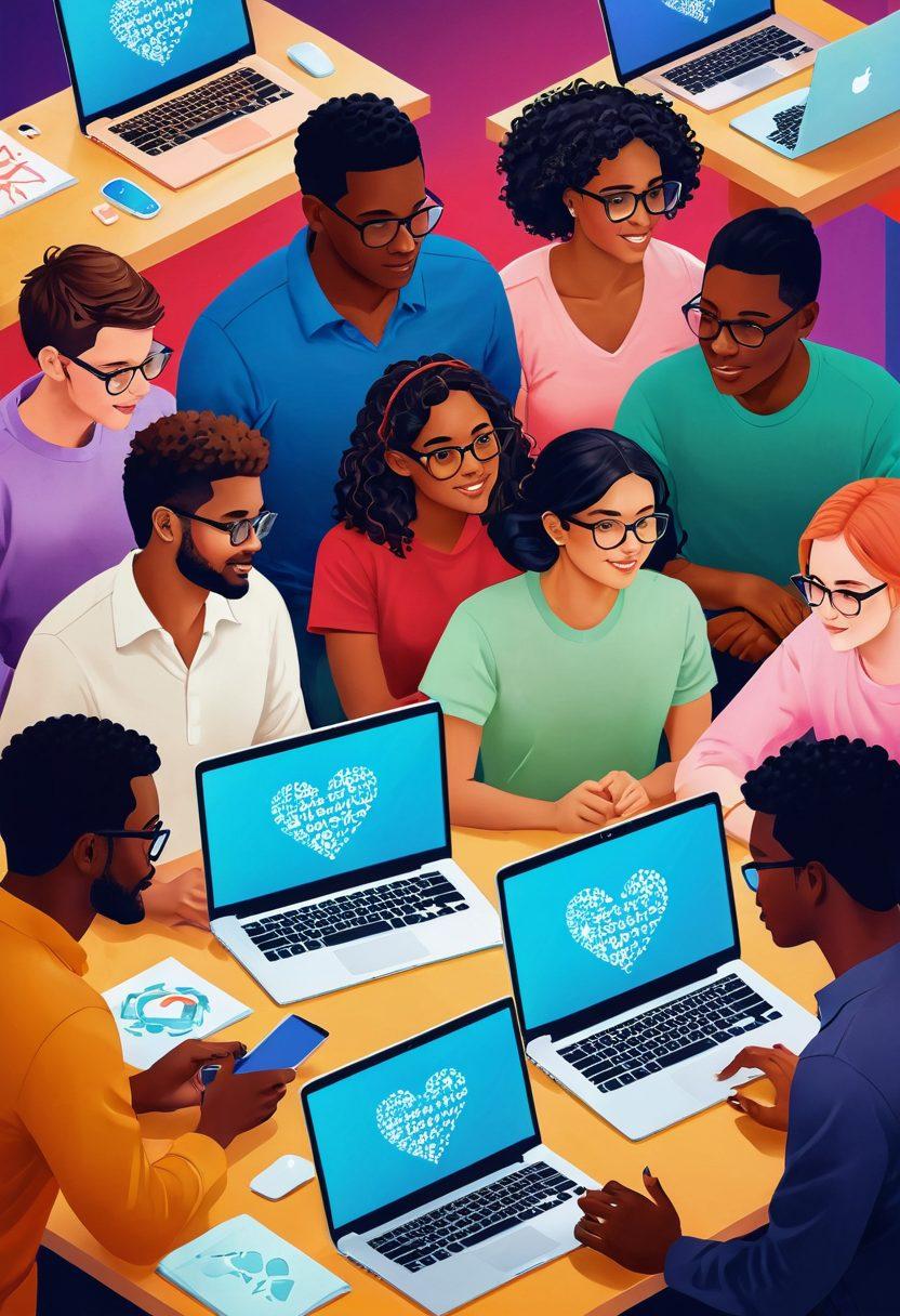 A heartfelt scene depicting a diverse group of people collaborating on open source projects, surrounded by digital hearts and code snippets. Include elements like laptops and vibrant community interactions, showcasing emotional connections in technology. The setting should be warm and inviting, reflecting inclusivity and romance within the BSD community. super-realistic. vibrant colors. soft background.