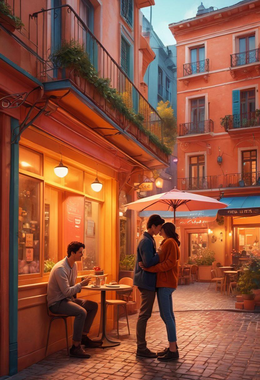 A heartwarming scene depicting diverse couples engaging in affectionate moments within a bustling BSD network setting. Include elements like cozy cafes, vibrant streets, and playful interactions among the characters, showcasing romance in various forms. Add subtle symbols of technology, like digital hearts or chat bubbles, to highlight the fusion of love and connectivity. Capture a warm color palette to evoke feelings of joy and intimacy. super-realistic. vibrant colors. urban background.