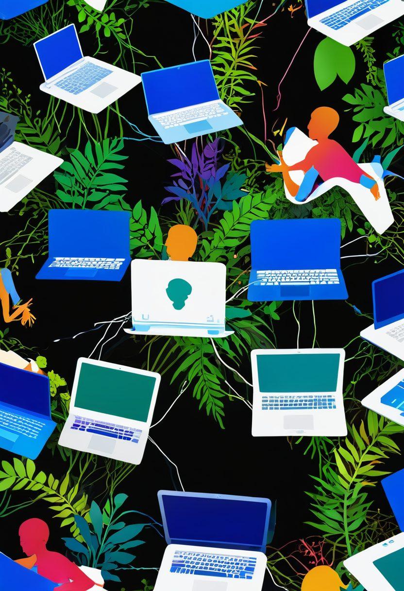A large, intricate network of computer code intertwining with growing plants symbolizing companionship and growth, depicted in vibrant colors. Include diverse individuals collaborating over laptops, showcasing a sense of community and support. The background should have subtle hints of an open-source logo and nature elements merging with digital motifs. super-realistic. vibrant colors. white background.